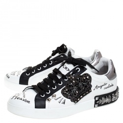 Dolce and Gabbana White/Black Leather Portofino Low Top Sneakers Size 42