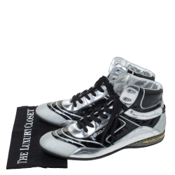 Pre Owned Dolce & Gabbana Silver/Black Leather, Canvas and Patent High Top Sneakers Size 44
