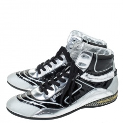 Pre Owned Dolce & Gabbana Silver/Black Leather, Canvas and Patent High Top Sneakers Size 44