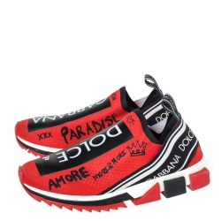Pre Owned Dolce & Gabbana Red Fabric Graffiti Logo Sorrento Slip On Sneakers Size 42