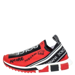 Pre Owned Dolce & Gabbana Red Fabric Graffiti Logo Sorrento Slip On Sneakers Size 42