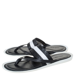Pre Owned Dolce & Gabbana Leather And Logo Debossed Nylon Fabric Thong Flats Size 44