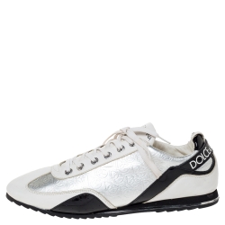 Pre Owned Dolce & Gabbana White/Black Patent and Leather Logo Low Top Sneakers Size 45