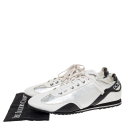 Pre Owned Dolce & Gabbana White/Black Patent and Leather Logo Low Top Sneakers Size 45