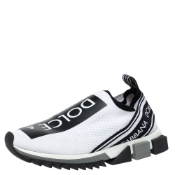 مملوكة مسبقًا Dolce & Gabbana White/Black Stretch Fabric Logo Sorrento Slip On Sneakers Size 42