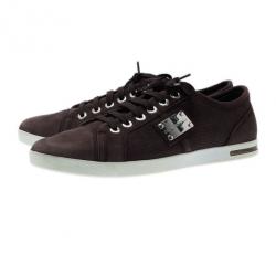 Pre Owned Dolce and Gabbana Brown Leather Logo Plaque Sneakers Size 42