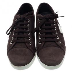 Pre Owned Dolce and Gabbana Brown Leather Logo Plaque Sneakers Size 42