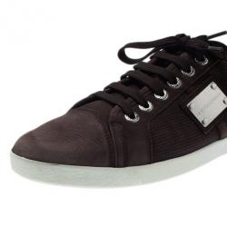 Pre Owned Dolce and Gabbana Brown Leather Logo Plaque Sneakers Size 42