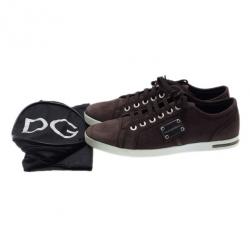 Pre Owned Dolce and Gabbana Brown Leather Logo Plaque Sneakers Size 42