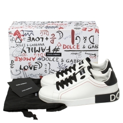 Dolce and Gabbana White/Black Leather Portofino Lace-Up Sneakers Size 41