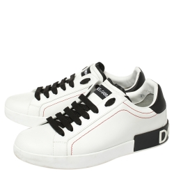 Dolce and Gabbana White/Black Leather Portofino Lace-Up Sneakers Size 41