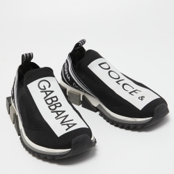 Dolce & Gabbana Black/White Logo Print Knit Fabric Sorrento Sneakers Size 44