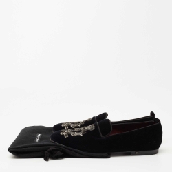 Pre Owned Dolce & Gabbana Black Velvet Crest Bead Embroidered Loafers Size 43 