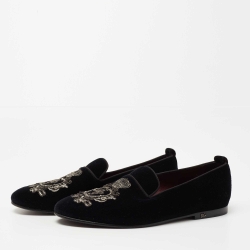 Pre Owned Dolce & Gabbana Black Velvet Crest Bead Embroidered Loafers Size 43 