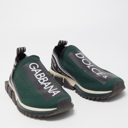 Dolce & Gabbana Dark Green Knit Fabric Logo Sorrento Slip On Sneakers Size 42
