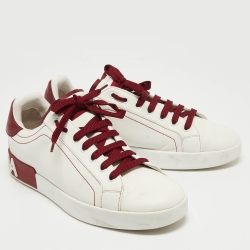 مملوكة مسبقًا Dolce & Gabbana White/Burgundy Leather Portifino Sneakers Size 44 