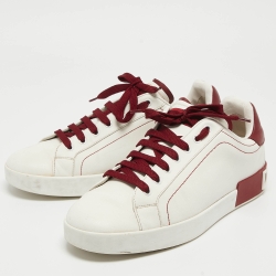 مملوكة مسبقًا Dolce & Gabbana White/Burgundy Leather Portifino Sneakers Size 44 