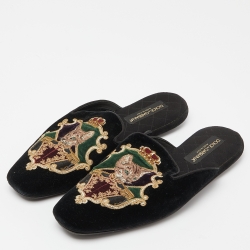مملوكة مسبقًا Dolce & Gabbana Black Velvet Embroidered Flat Mules Size 43