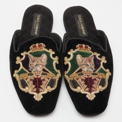مملوكة مسبقًا Dolce & Gabbana Black Velvet Embroidered Flat Mules Size 43