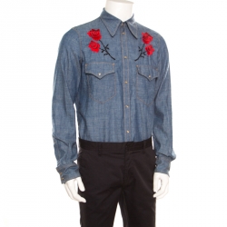 Pre Owned Dsquared2 Indigo Chambray Embroidered Rose Detail Slim Fit Shirt L