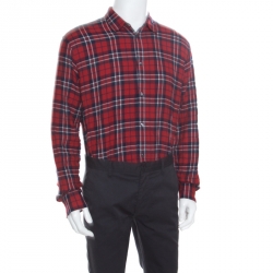 Dsquared2 Red and Blue Plaid Check Cotton Herringbone Weave Relaxed Dan Shirt L