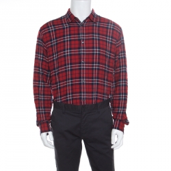 Dsquared2 Red and Blue Plaid Check Cotton Herringbone Weave Relaxed Dan Shirt L