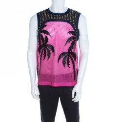 Pre Owned Dsquared2 Pink Mesh Palm Applique Studded Leather Trim Vest XL