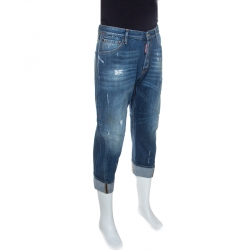 Pre Owned Dsquared2 Indigo Washed & Distressed Denim Cropped Work Wear Jeans M