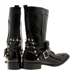 Dsquared2 Black Leather Spike Fringe Detail Calf Length Boots Size 44