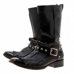 Dsquared2 Black Leather Spike Fringe Detail Calf Length Boots Size 44