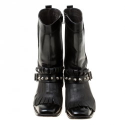 Dsquared2 Black Leather Spike Fringe Detail Calf Length Boots Size 44