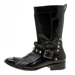 Dsquared2 Black Leather Spike Fringe Detail Calf Length Boots Size 44