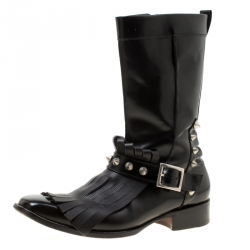 Dsquared2 Black Leather Spike Fringe Detail Calf Length Boots Size 44