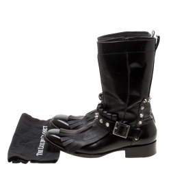 Dsquared2 Black Leather Spike Fringe Detail Calf Length Boots Size 44