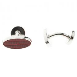 Dunhill Red Leather Silver Tone Oval Cufflinks