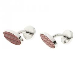 Dunhill Red Leather Silver Tone Oval Cufflinks