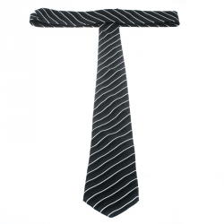 Pre Owned Emporio Armani Monochrome Striped Silk Jacquard Traditional Tie
