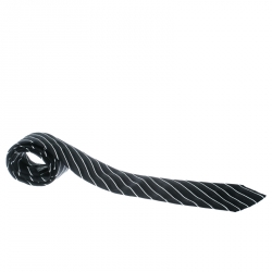 Pre Owned Emporio Armani Monochrome Striped Silk Jacquard Traditional Tie