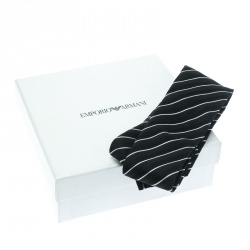 Pre Owned Emporio Armani Monochrome Striped Silk Jacquard Traditional Tie