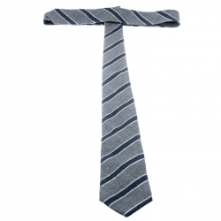 Pre Owned Emporio Armani Grey and Blue Diagonal Striped Wool Tie