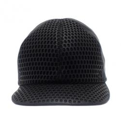 Pre Owned Emporio Armani Black Leather Cutout Baseball Cap Size L