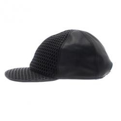 Pre Owned Emporio Armani Black Leather Cutout Baseball Cap Size L