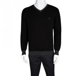 Pre Owned Emporio Armani Black Contrast Rib Trim and Elbow Patch Detail V Neck Sweater M