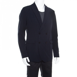Pre Owned Emporio Armani Navy Blue Nylon Fingerprint Lined Double Breasted Jacket XL
