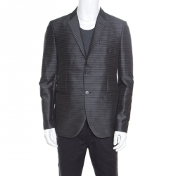 Pre Owned Emporio Armani Grey Horizontal Striped Wool and Cotton Two Button Blazer XL