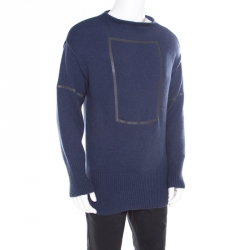 Pre Owned Emporio Armani Blue Square Patterned Tape Detail Alpaca Sweater M