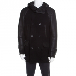 Pre Owned Emporio Armani Black Chunky Knit Leather Paneled Hooded Double Breasted Jacket XL