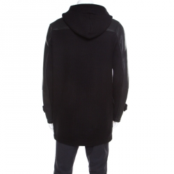 Pre Owned Emporio Armani Black Chunky Knit Leather Paneled Hooded Double Breasted Jacket XL