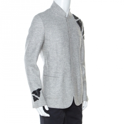 Pre Owned Emporio Armani Grey Wool Cut Out Detail Mandarin Collar Jacket XL