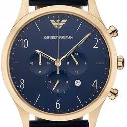 Emporio Armani Blue Yellow Gold Plated Stainless Steel Chronograph Men's Wristwatch 43MM